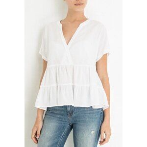 XiRENA Cotton Tiered Poppy Short Sleeve V Neck Top White Size S